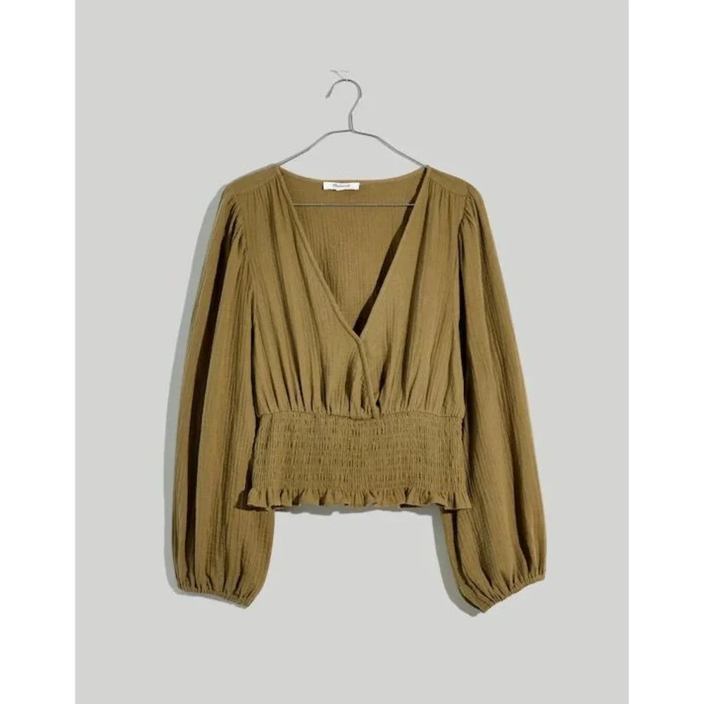 Madewell Lightspun Julianne Smocked Gauze Peplum Top Womens S Green Puff Sleeve